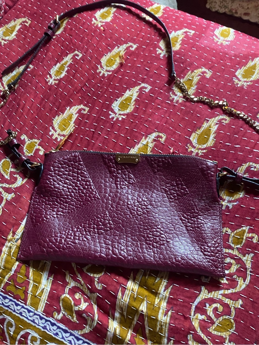 Burrberry Checker Embossed Leather Crossbody in Burgundy with Gold Hardware